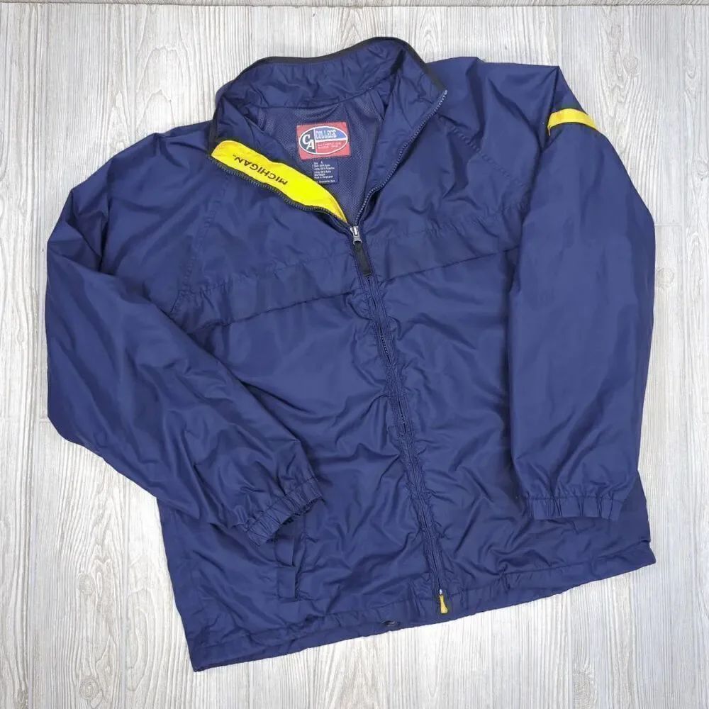 VTG CA College Authentics Michigan Navy and Yellow Full Zip Windbreaker Size Lar
